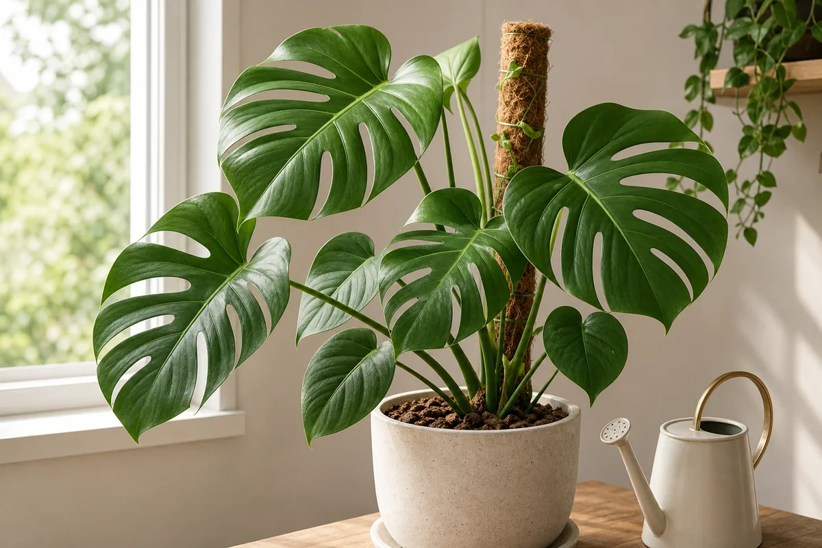 Monstera deliciosa sana vicino a una finestra luminosa con annaffiatoio, substrato arioso e tutore