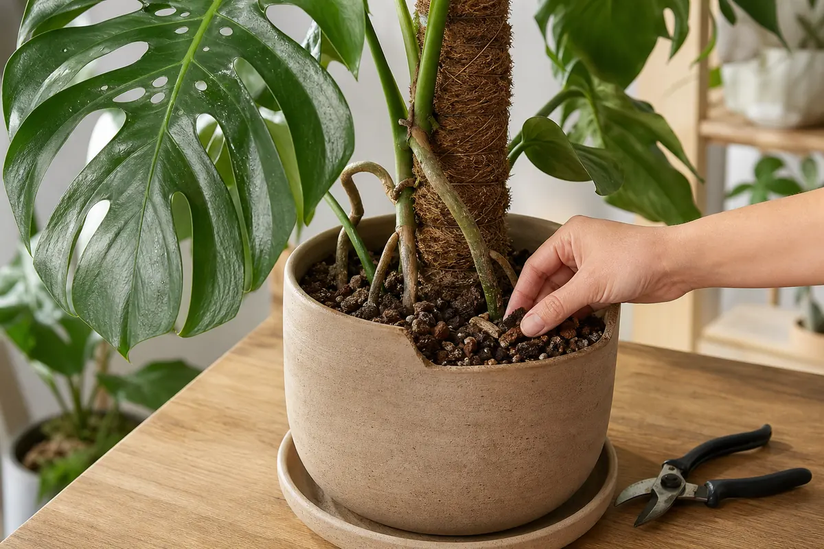Controllo del substrato asciutto accanto a foglia di Monstera, radici aeree e tutore
