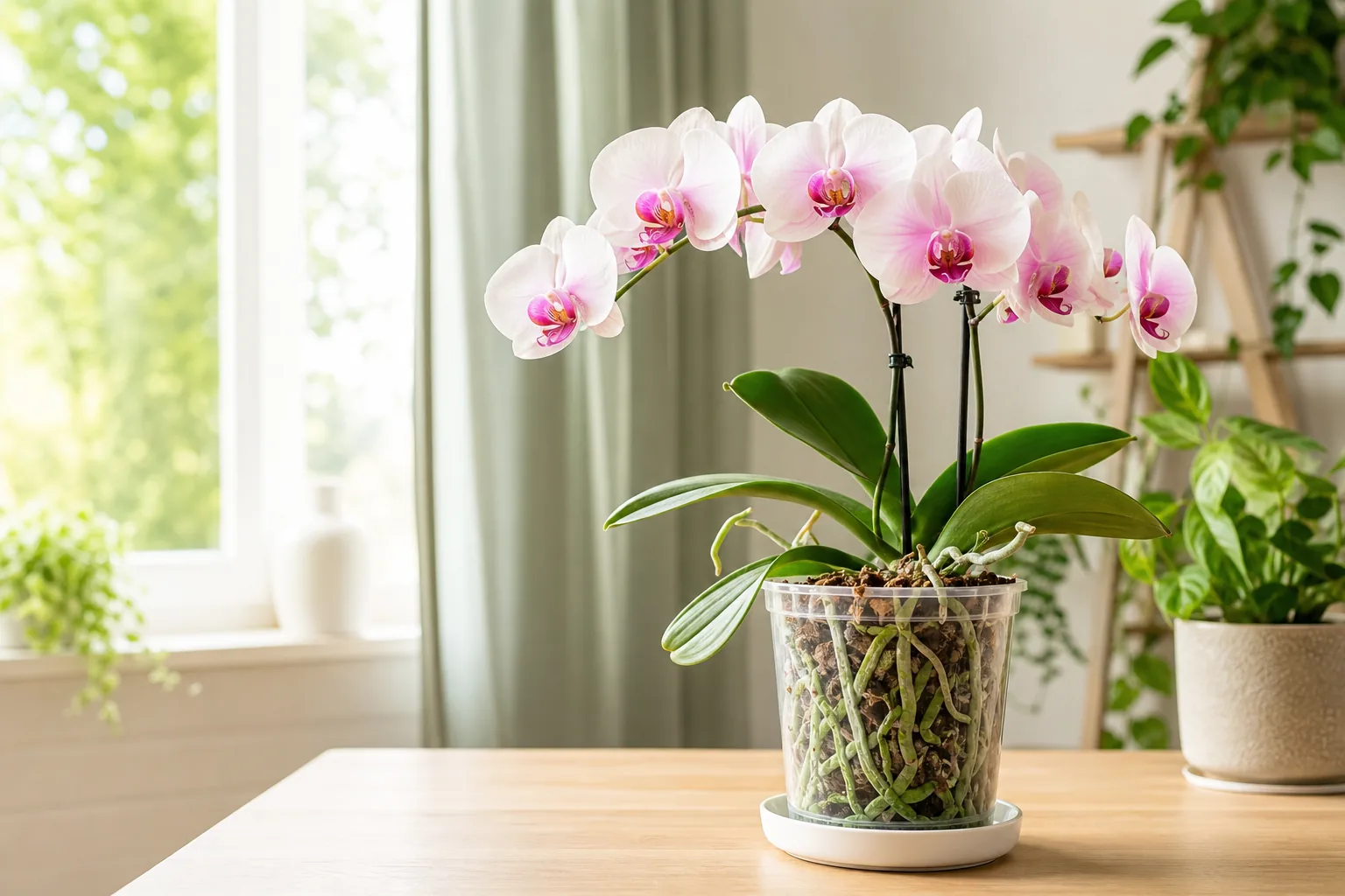 Orchidée Phalaenopsis en bonne santé dans un pot transparent près d’une fenêtre lumineuse