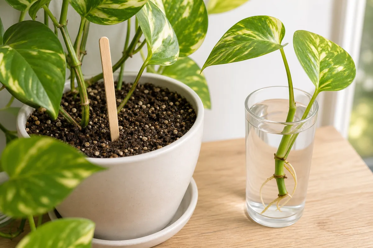 Vaso de jiboia com palito para medir umidade ao lado de muda com nó criando raízes na água